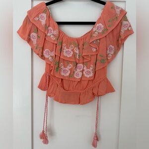 Boho Embroidered Ruffle Peasant Top Tassel Blouse NWT